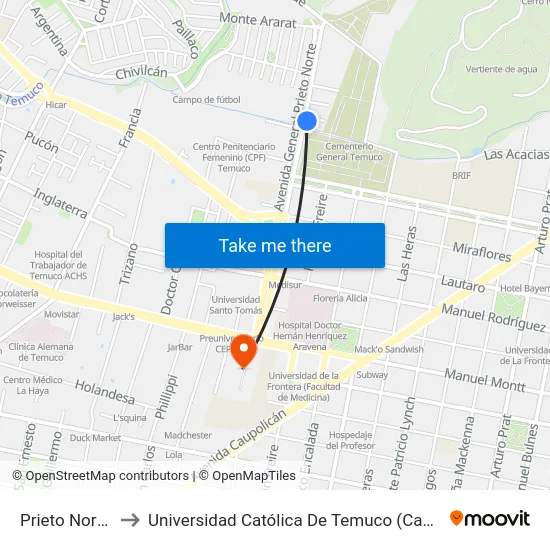 Prieto Norte, 0199 to Universidad Católica De Temuco (Campus San Francisco) map