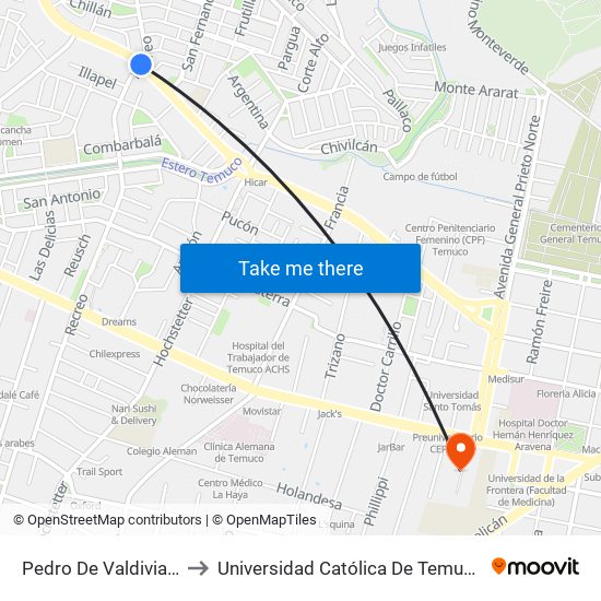 Pedro De Valdivia / Recreo - Norte to Universidad Católica De Temuco (Campus San Francisco) map