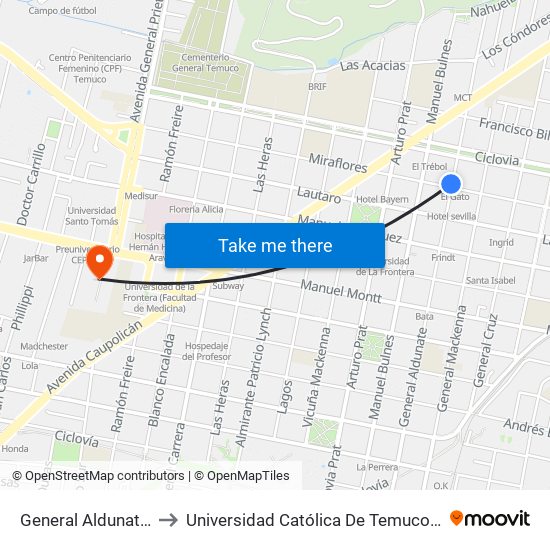 General Aldunate / Miraflores to Universidad Católica De Temuco (Campus San Francisco) map