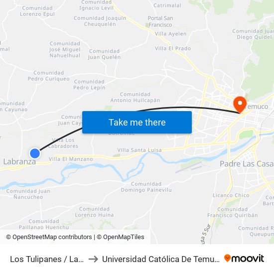 Los Tulipanes / Las Achiras - Oriente to Universidad Católica De Temuco (Campus San Francisco) map