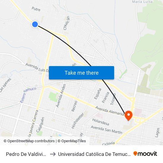 Pedro De Valdivia / Charana - Sur to Universidad Católica De Temuco (Campus San Francisco) map