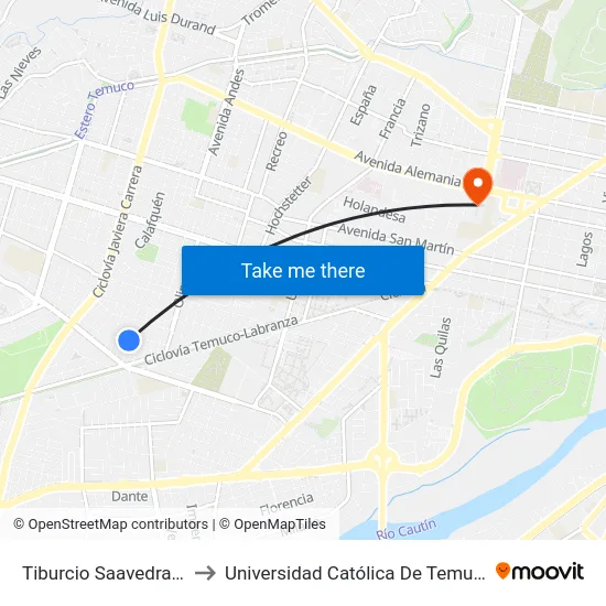 Tiburcio Saavedra / Isabel Riquelme to Universidad Católica De Temuco (Campus San Francisco) map