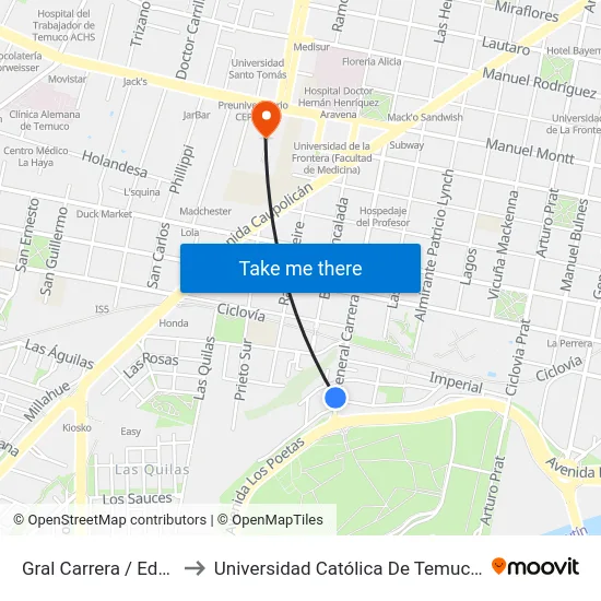 Gral Carrera / Eduardo Rodriguez to Universidad Católica De Temuco (Campus San Francisco) map