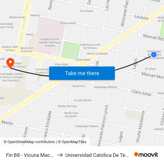 Fin B8 - Vicuna Mackenna / Diego Portales to Universidad Católica De Temuco (Campus San Francisco) map