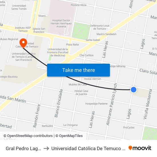 Gral Pedro Lagos / Antonio to Universidad Católica De Temuco (Campus San Francisco) map