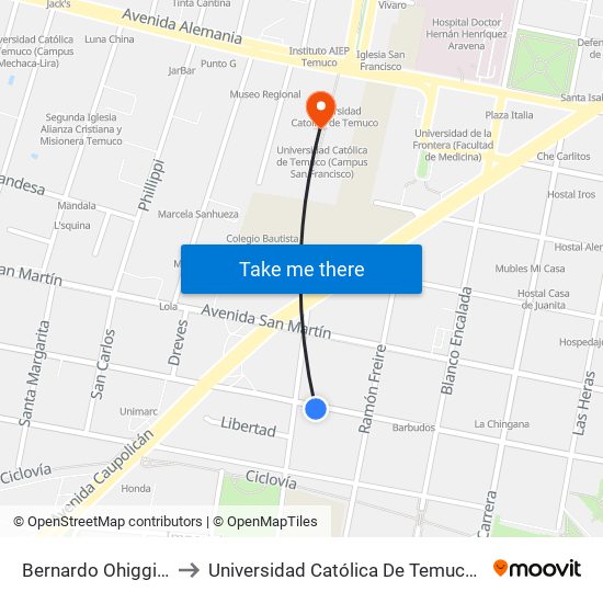 Bernardo Ohiggins / Prieto Sur to Universidad Católica De Temuco (Campus San Francisco) map