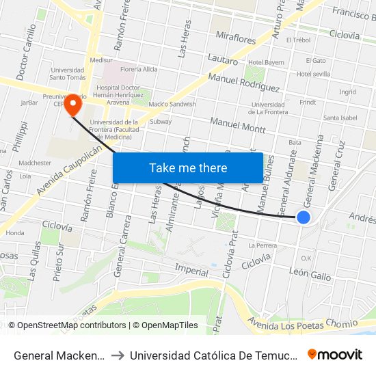 General Mackenna/ San Martin to Universidad Católica De Temuco (Campus San Francisco) map