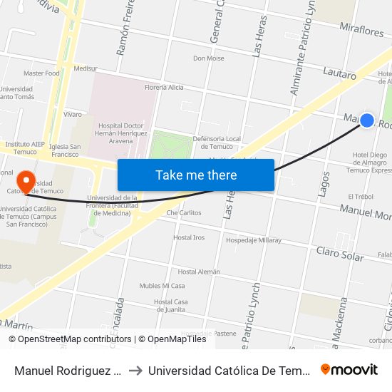 Manuel Rodriguez / Vicuna Mackenna to Universidad Católica De Temuco (Campus San Francisco) map