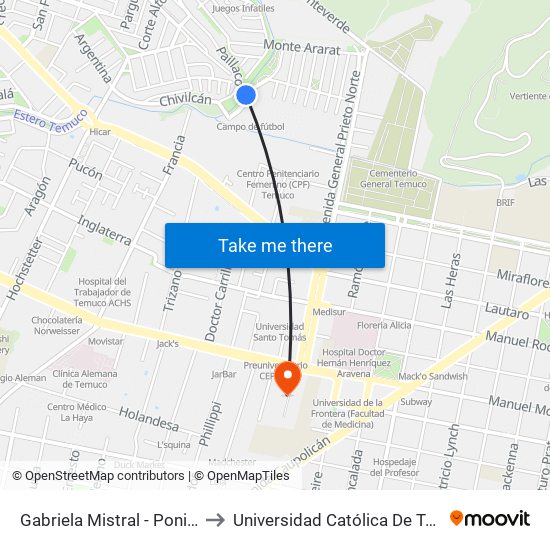 Gabriela Mistral - Poniente / Supemercardo Lider to Universidad Católica De Temuco (Campus San Francisco) map