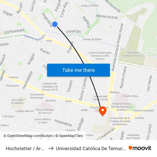 Hochstetter / Argentina - Oriente to Universidad Católica De Temuco (Campus San Francisco) map