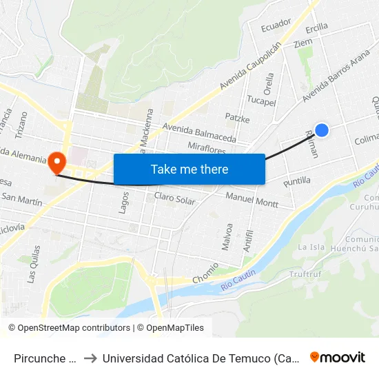 Pircunche / Quidel to Universidad Católica De Temuco (Campus San Francisco) map