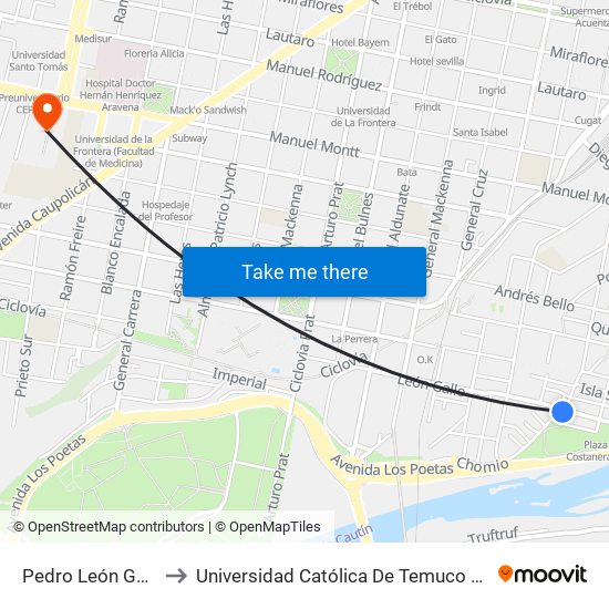 Pedro León Gallo / Malvoa to Universidad Católica De Temuco (Campus San Francisco) map