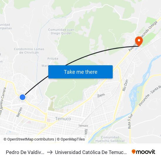 Pedro De Valdivia / Recreo - Norte to Universidad Católica De Temuco Campus Norte San Juan Pablo II map