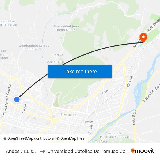 Andes / Luis Durand - Sur to Universidad Católica De Temuco Campus Norte San Juan Pablo II map