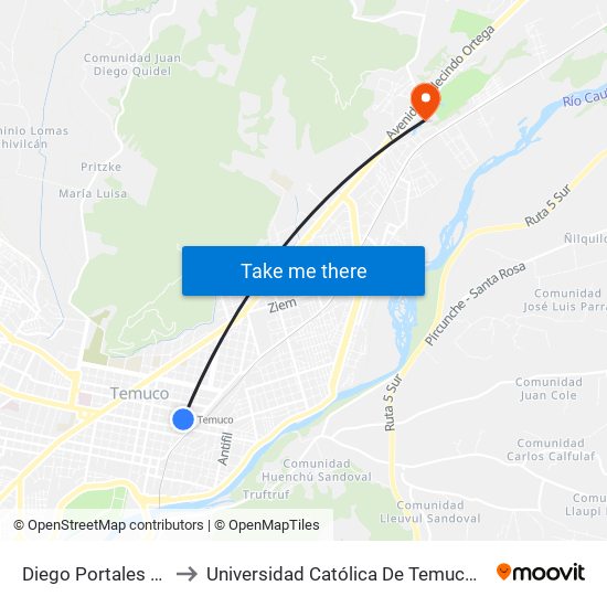 Diego Portales / Ministro Zenteno to Universidad Católica De Temuco Campus Norte San Juan Pablo II map