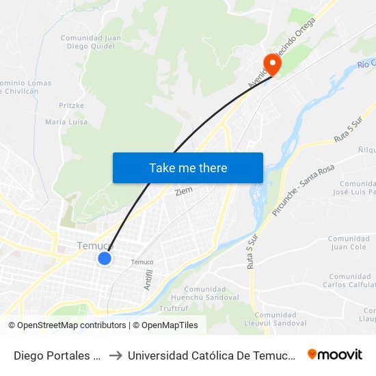 Diego Portales / General Aldunate to Universidad Católica De Temuco Campus Norte San Juan Pablo II map