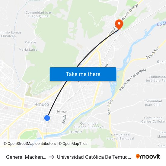 General Mackenna / Antonio Varas to Universidad Católica De Temuco Campus Norte San Juan Pablo II map