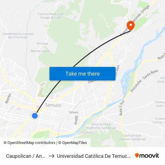 Caupolican / Andres Bello / Oriente to Universidad Católica De Temuco Campus Norte San Juan Pablo II map