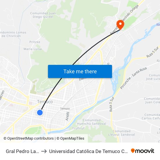 Gral Pedro Lagos / Antonio to Universidad Católica De Temuco Campus Norte San Juan Pablo II map