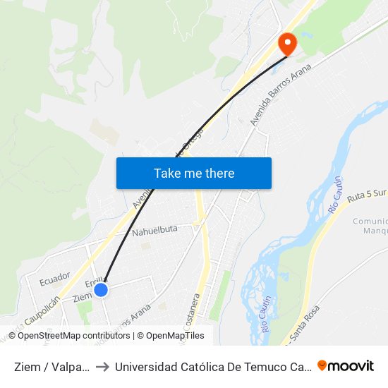 Ziem / Valparaiso - Norte to Universidad Católica De Temuco Campus Norte San Juan Pablo II map