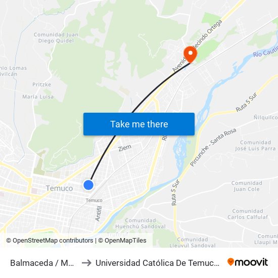 Balmaceda / Manuel Antonio Mata to Universidad Católica De Temuco Campus Norte San Juan Pablo II map