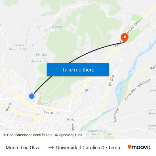 Monte Los Olivos / Apostol San Felipe to Universidad Católica De Temuco Campus Norte San Juan Pablo II map