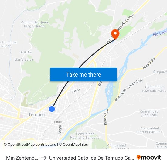 Min Zenteno / Fco Bilbao to Universidad Católica De Temuco Campus Norte San Juan Pablo II map