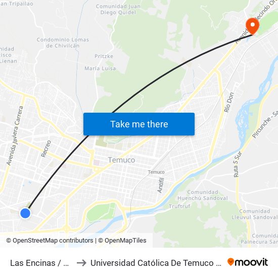 Las Encinas / Las Enredaderas to Universidad Católica De Temuco Campus Norte San Juan Pablo II map