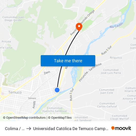 Colima / Niagara to Universidad Católica De Temuco Campus Norte San Juan Pablo II map