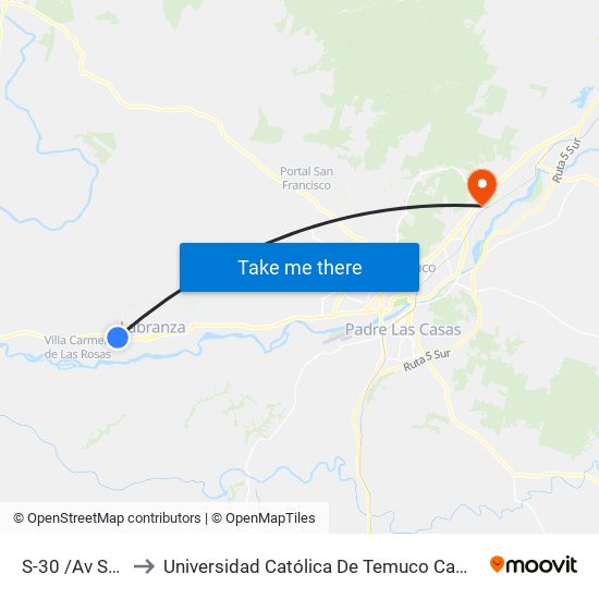 S-30 /Av Santa María to Universidad Católica De Temuco Campus Norte San Juan Pablo II map