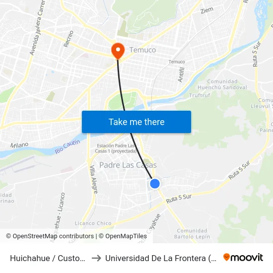 Huichahue / Custodio Clavel Perez to Universidad De La Frontera (Facultad De Medicina) map