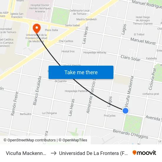 Vicuña Mackenna - San Martín to Universidad De La Frontera (Facultad De Medicina) map