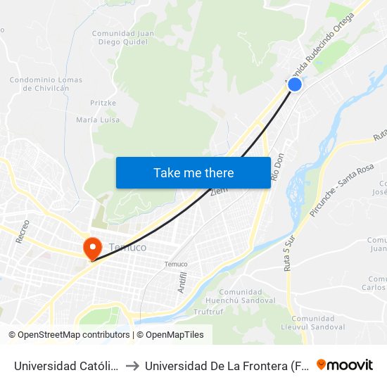 Universidad Católica De Temuco to Universidad De La Frontera (Facultad De Medicina) map