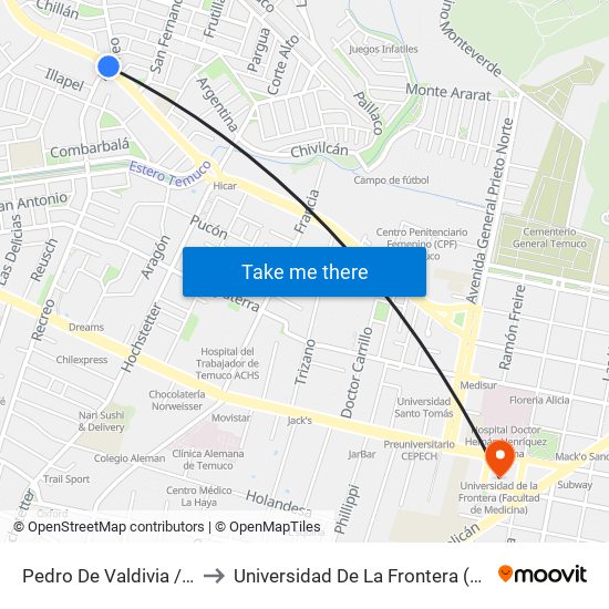 Pedro De Valdivia / Recreo - Norte to Universidad De La Frontera (Facultad De Medicina) map