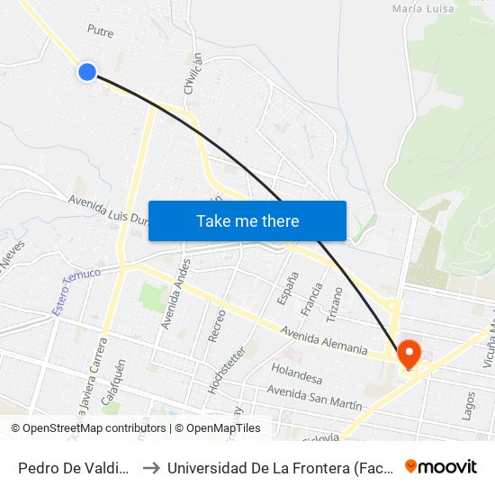 Pedro De Valdivia / Lelfun to Universidad De La Frontera (Facultad De Medicina) map