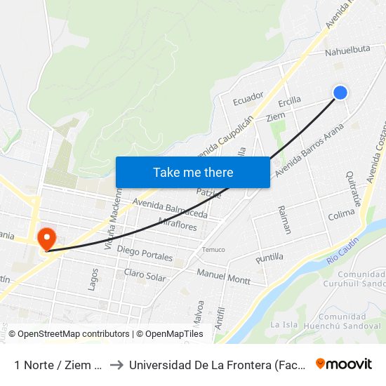 1 Norte / Ziem - Poniente to Universidad De La Frontera (Facultad De Medicina) map