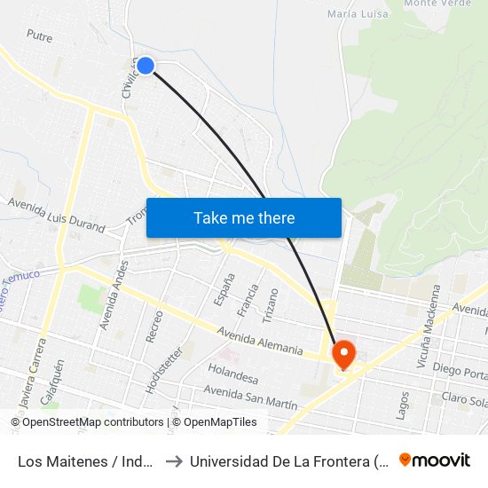 Los Maitenes / Independencia - Sur to Universidad De La Frontera (Facultad De Medicina) map