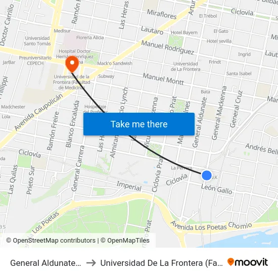 General Aldunate / Leon Gallo to Universidad De La Frontera (Facultad De Medicina) map