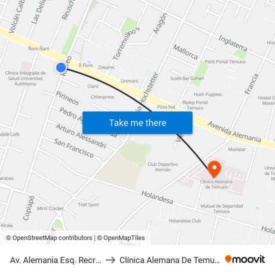Av. Alemania Esq. Recreo to Clínica Alemana De Temuco map