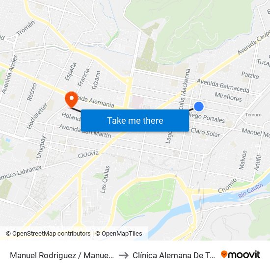 Manuel Rodriguez / Manuel Bulnes to Clínica Alemana De Temuco map