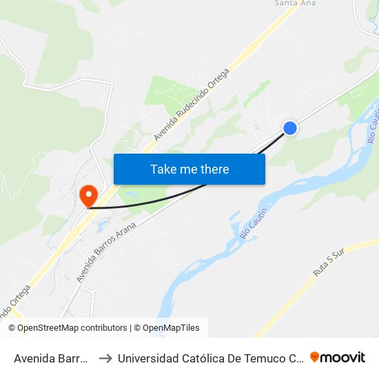 Avenida Barros Arana, 6685 to Universidad Católica De Temuco Campus Dr. Luis Rivas Del Canto map