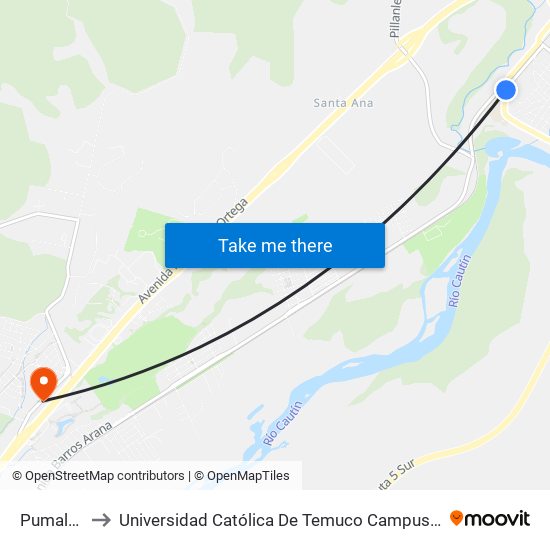 Pumalal, 004 to Universidad Católica De Temuco Campus Dr. Luis Rivas Del Canto map