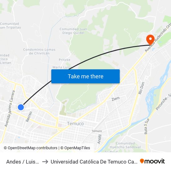 Andes / Luis Durand - Sur to Universidad Católica De Temuco Campus Dr. Luis Rivas Del Canto map