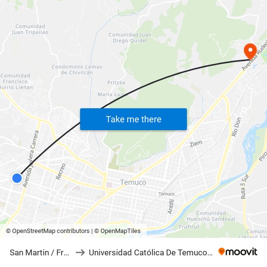 San Martin / Francisco Escalona to Universidad Católica De Temuco Campus Dr. Luis Rivas Del Canto map