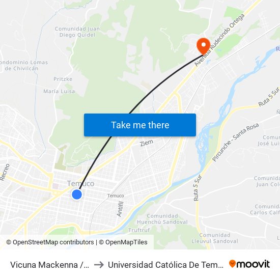 Vicuna Mackenna / Manuel Montt / Poniente to Universidad Católica De Temuco Campus Dr. Luis Rivas Del Canto map