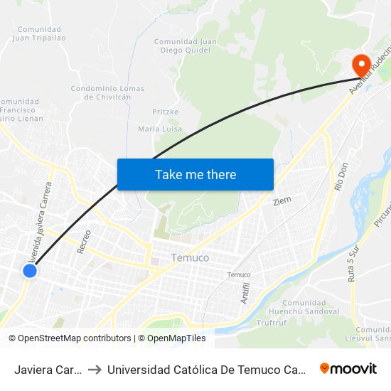 Javiera Carrera, 1140 to Universidad Católica De Temuco Campus Dr. Luis Rivas Del Canto map