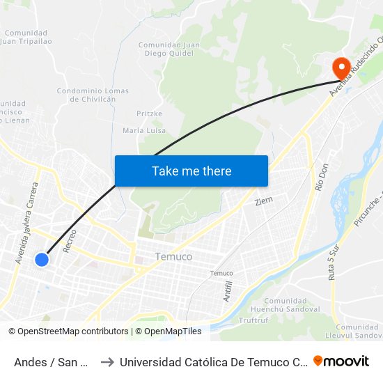 Andes / San Martin - Oriente to Universidad Católica De Temuco Campus Dr. Luis Rivas Del Canto map