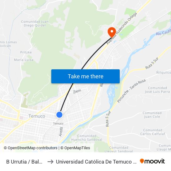 B Urrutia / Balmaceda - Oriente to Universidad Católica De Temuco Campus Dr. Luis Rivas Del Canto map