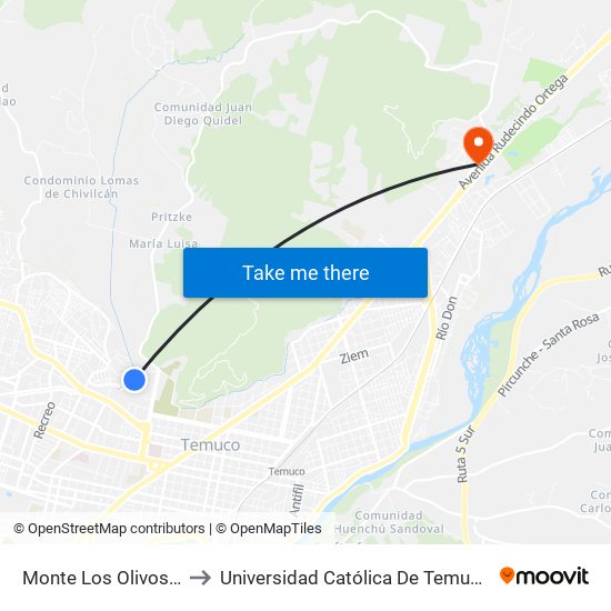 Monte Los Olivos / Apostol San Felipe to Universidad Católica De Temuco Campus Dr. Luis Rivas Del Canto map