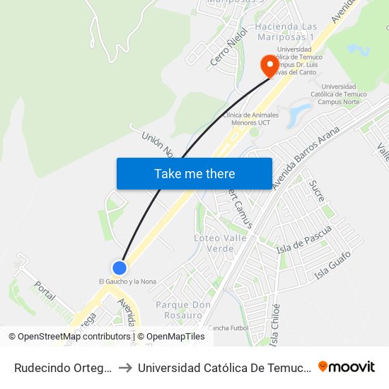 Rudecindo Ortega / Bencinera Copec to Universidad Católica De Temuco Campus Dr. Luis Rivas Del Canto map